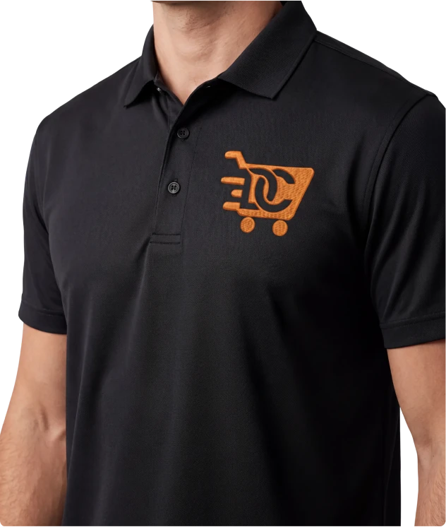 Polo noir brodé d’un logo orange – tenues personnalisées pour entreprises et associations en Guyane, SC Sport